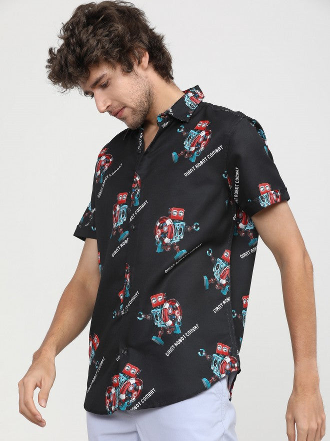 Mens Black Slim Fit Printed Casual Shirt - Black - Image 3