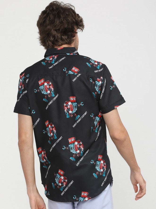 Mens Black Slim Fit Printed Casual Shirt - Black - Image 4