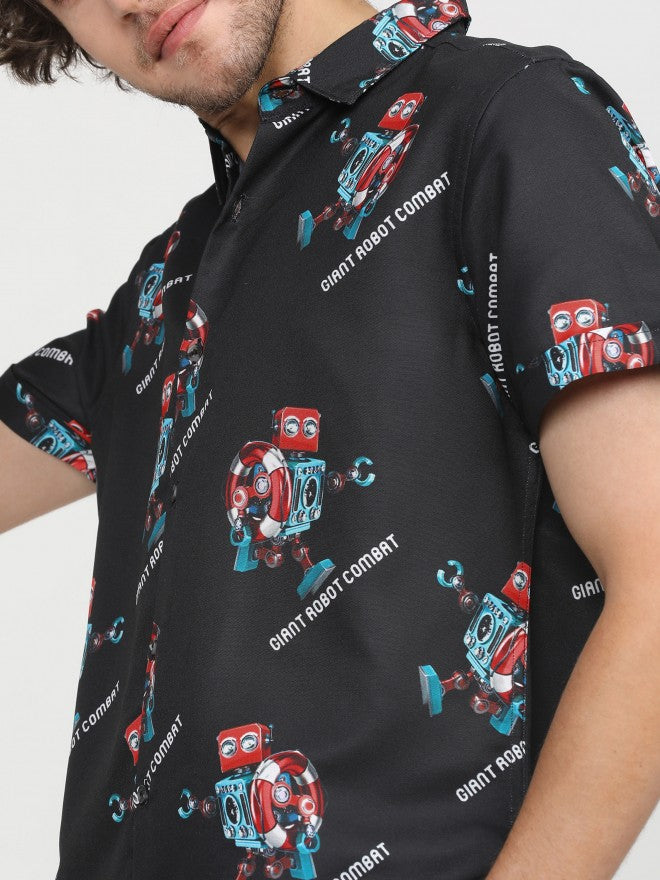 Mens Black Slim Fit Printed Casual Shirt - Black - Image 5