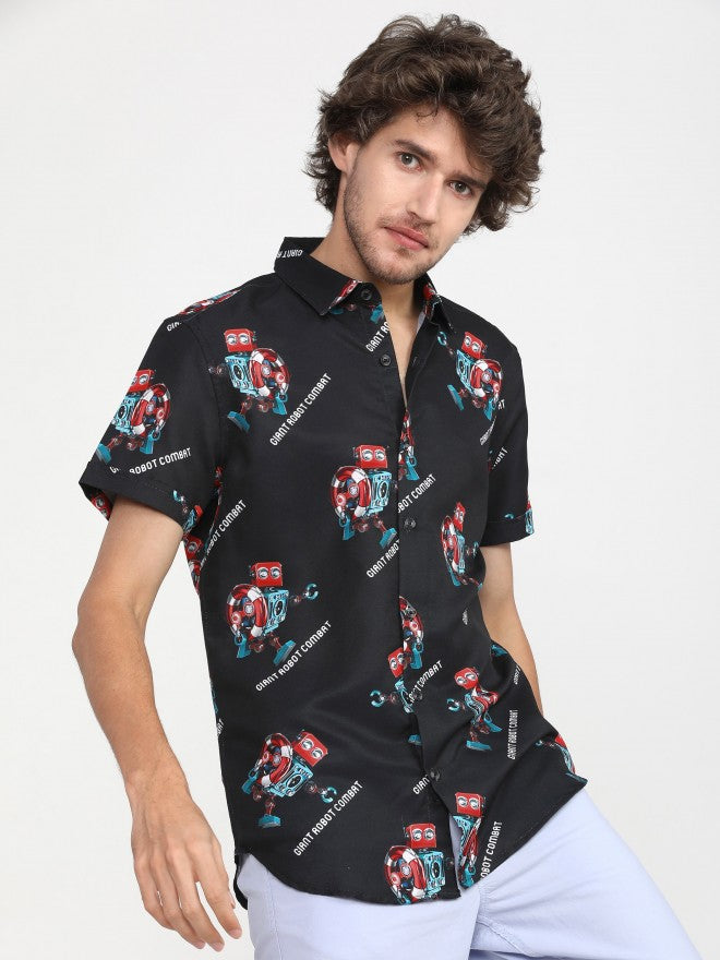 Mens Black Slim Fit Printed Casual Shirt - Black - Image 7