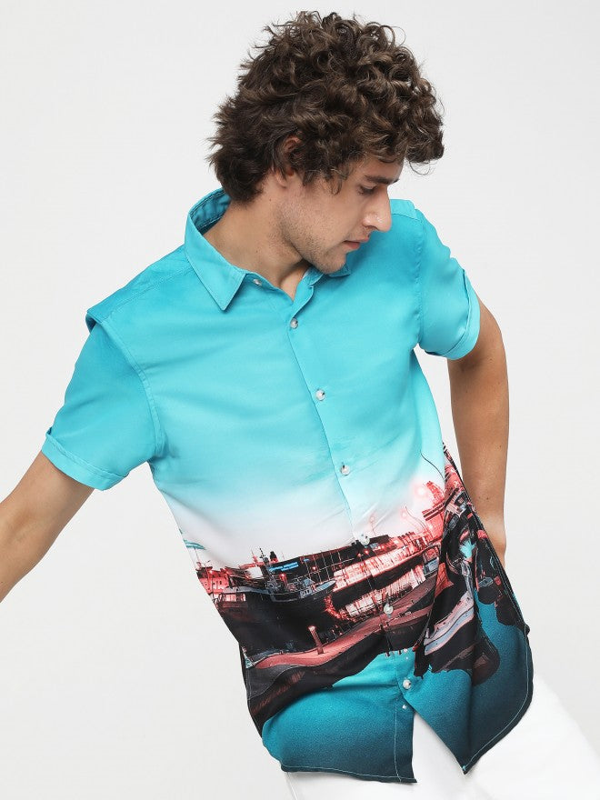 Mens Light Blue/Navy Blue Slim Fit Printed Casual Shirt - Blue - Image 1