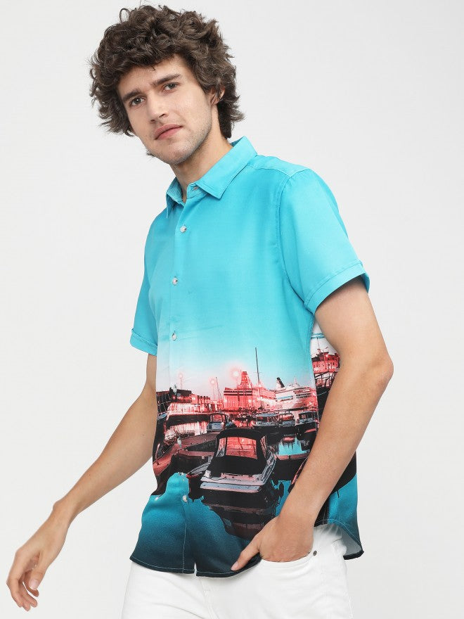 Mens Light Blue/Navy Blue Slim Fit Printed Casual Shirt - Blue - Image 2