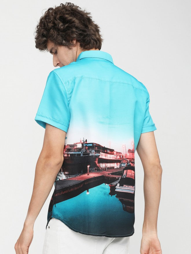 Mens Light Blue/Navy Blue Slim Fit Printed Casual Shirt - Blue - Image 3