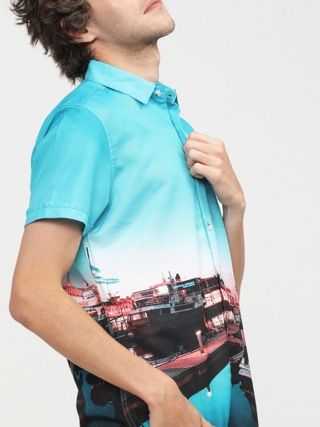 Mens Light Blue/Navy Blue Slim Fit Printed Casual Shirt - Blue - Image 4