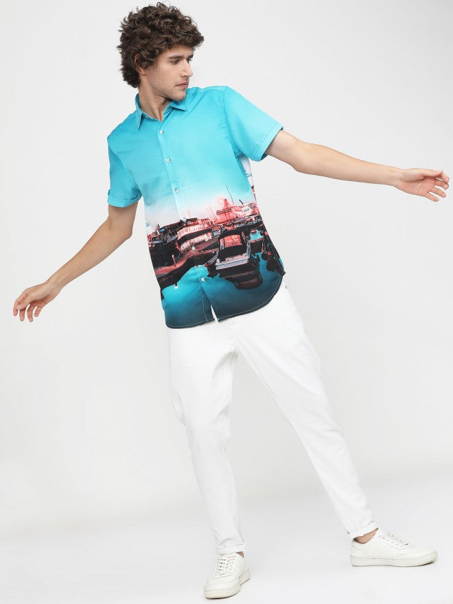 Mens Light Blue/Navy Blue Slim Fit Printed Casual Shirt - Blue - Image 5