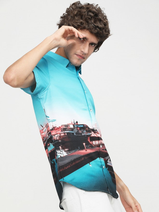 Mens Light Blue/Navy Blue Slim Fit Printed Casual Shirt - Blue - Image 6