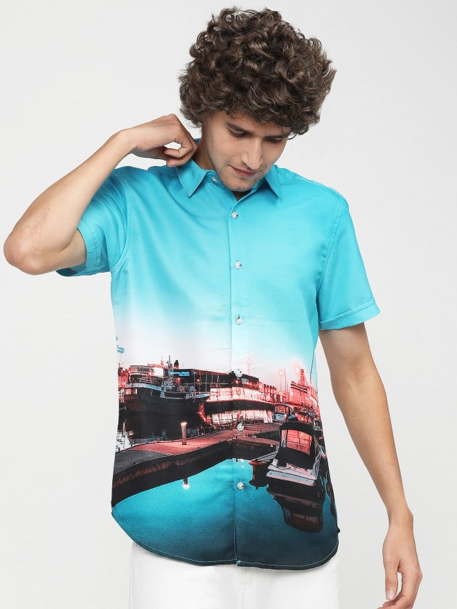 Mens Light Blue/Navy Blue Slim Fit Printed Casual Shirt - Blue - Image 7