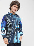 Mens Navy Blue Slim Fit Printed Casual Shirt - Navy Blue - Image 1