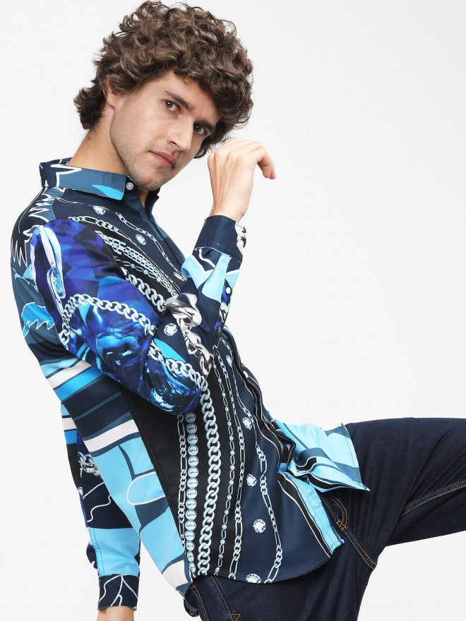Mens Navy Blue Slim Fit Printed Casual Shirt - Navy Blue - Image 2