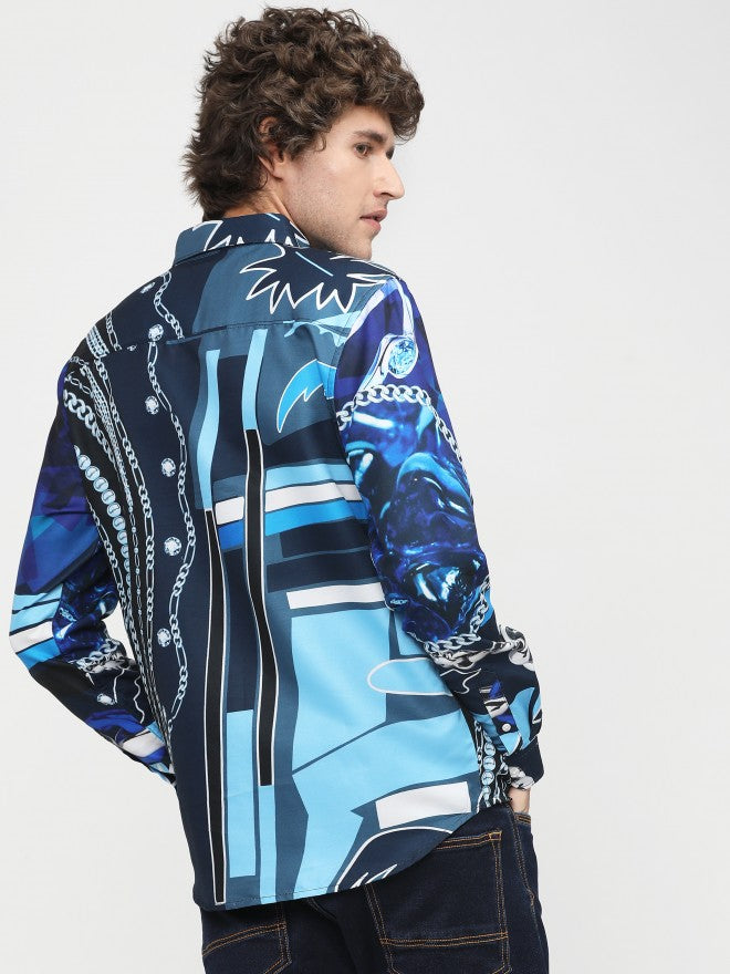 Mens Navy Blue Slim Fit Printed Casual Shirt - Navy Blue - Image 3