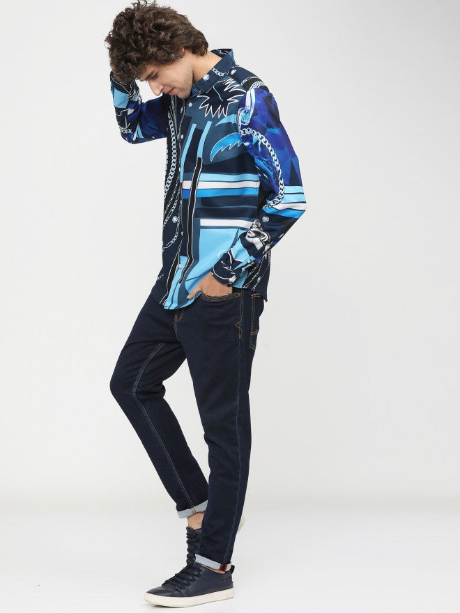 Mens Navy Blue Slim Fit Printed Casual Shirt - Navy Blue - Image 5