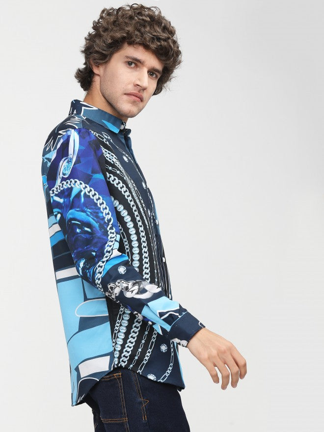 Mens Navy Blue Slim Fit Printed Casual Shirt - Navy Blue - Image 6