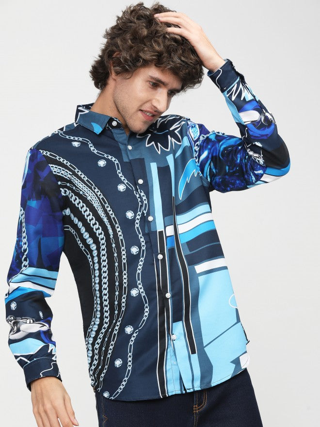 Mens Navy Blue Slim Fit Printed Casual Shirt - Navy Blue - Image 7