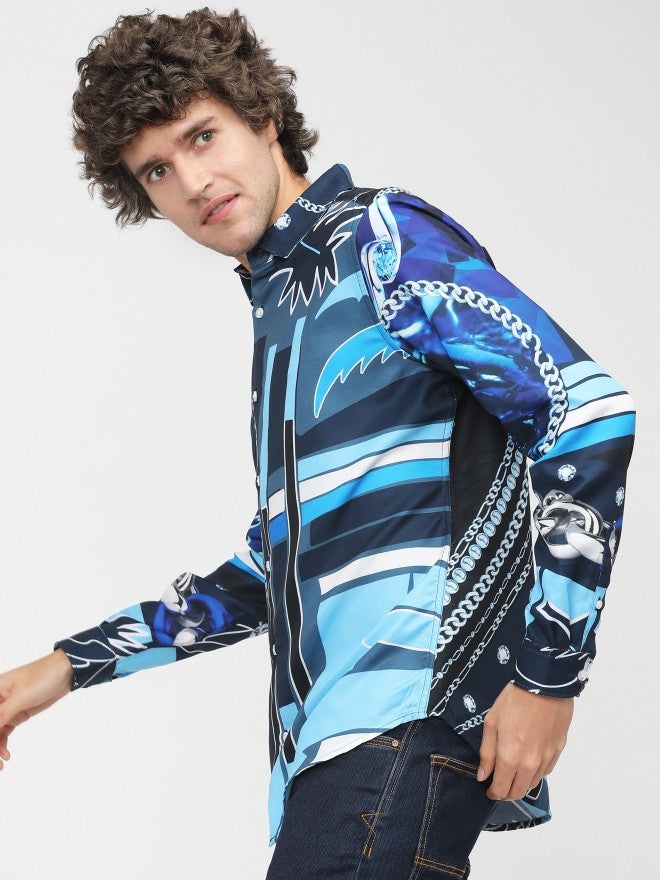 Mens Navy Blue Slim Fit Printed Casual Shirt - Navy Blue - Image 8