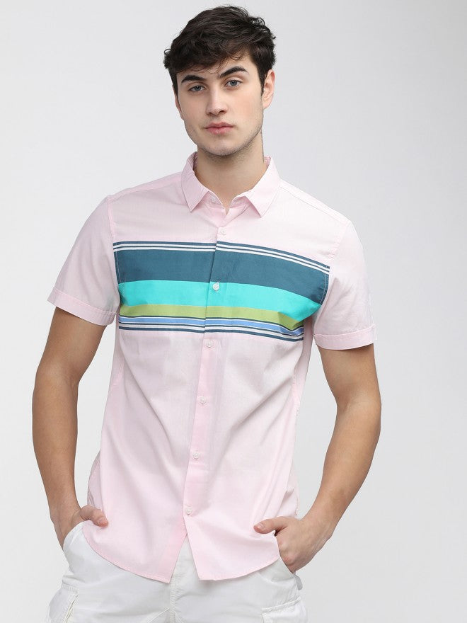 Mens Pink Slim Fit Colourblocked Casual Shirt - Pink - Image 1