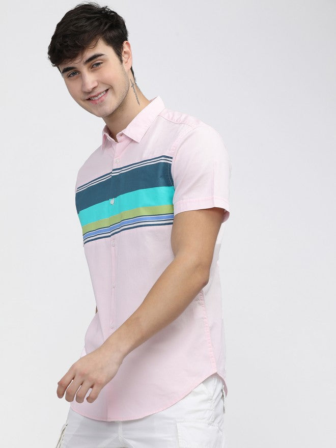 Mens Pink Slim Fit Colourblocked Casual Shirt - Pink - Image 2