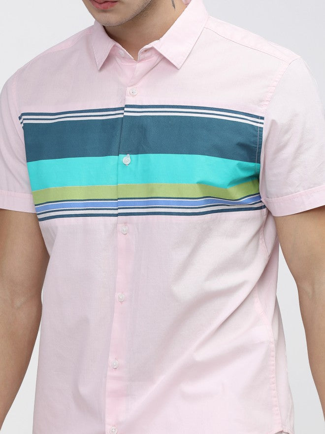 Mens Pink Slim Fit Colourblocked Casual Shirt - Pink - Image 4