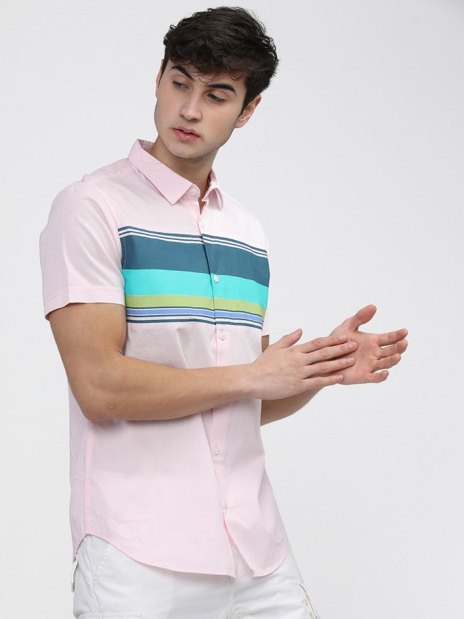 Mens Pink Slim Fit Colourblocked Casual Shirt - Pink - Image 6