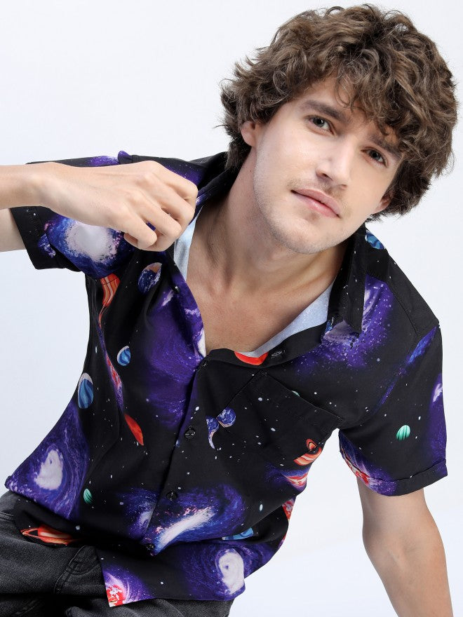 Mens Black Slim Fit Printed Casual Shirt - Black - Image 1