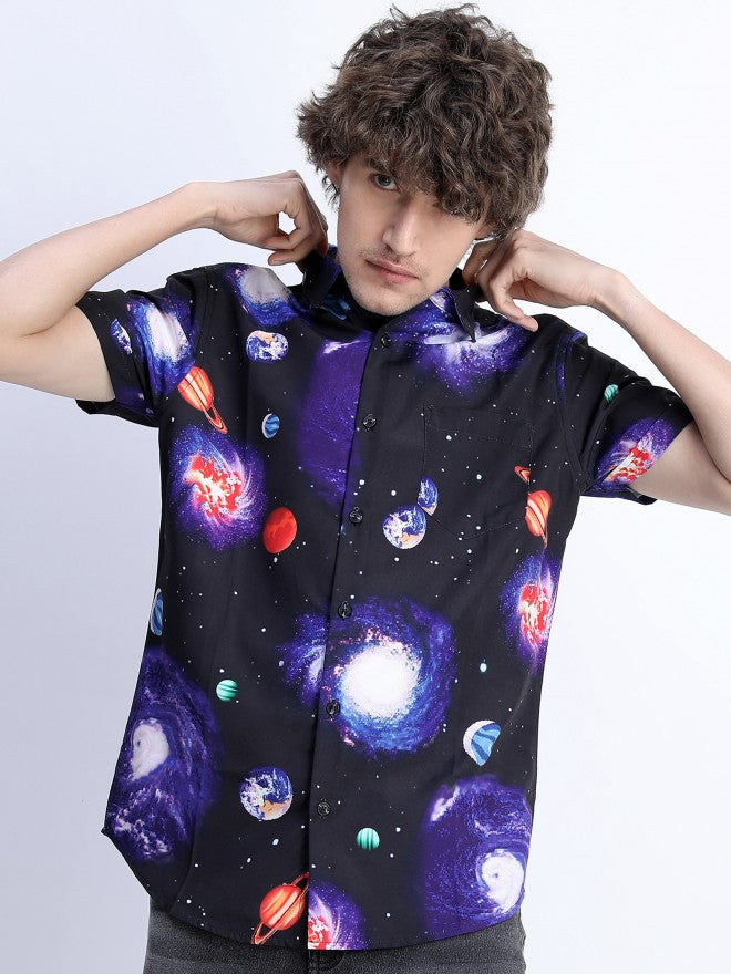 Mens Black Slim Fit Printed Casual Shirt - Black - Image 2