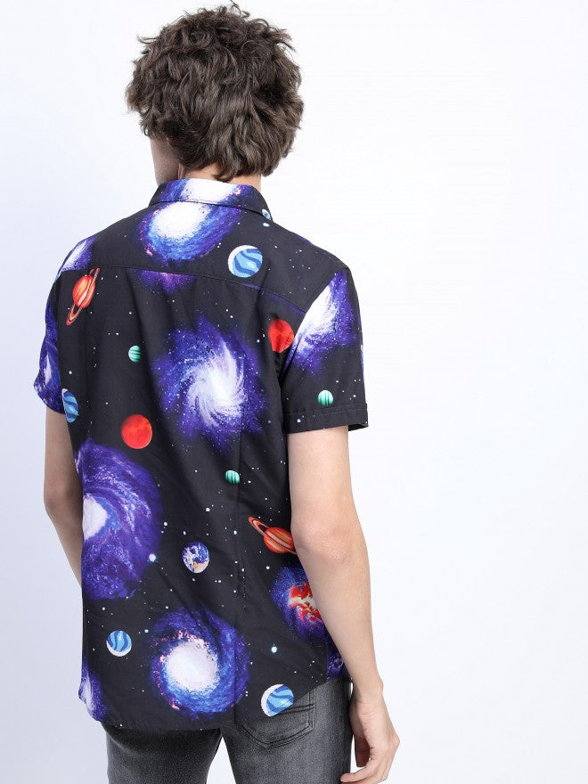 Mens Black Slim Fit Printed Casual Shirt - Black - Image 3