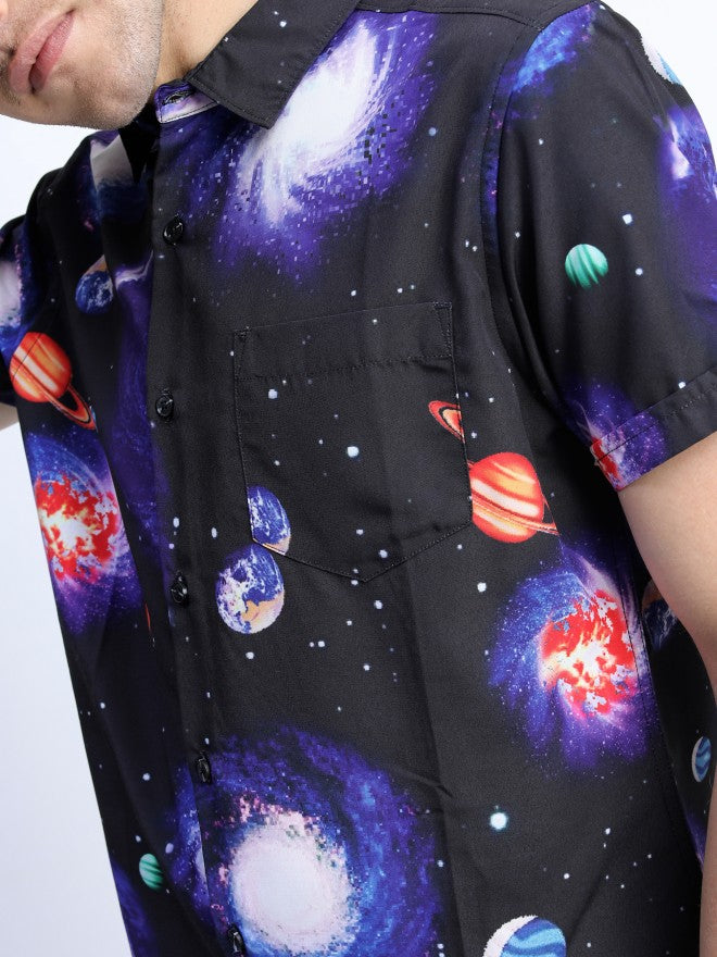 Mens Black Slim Fit Printed Casual Shirt - Black - Image 4