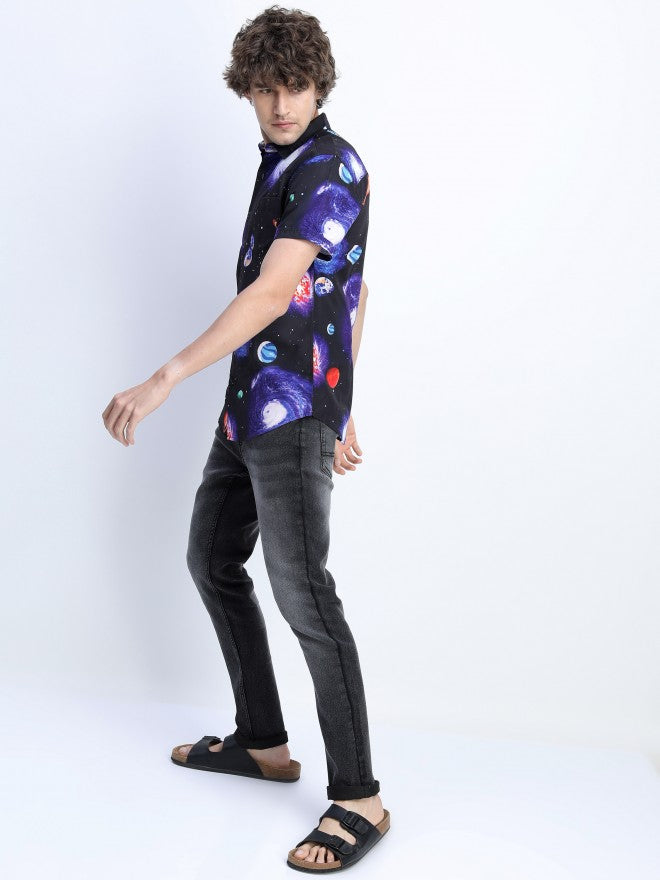Mens Black Slim Fit Printed Casual Shirt - Black - Image 5