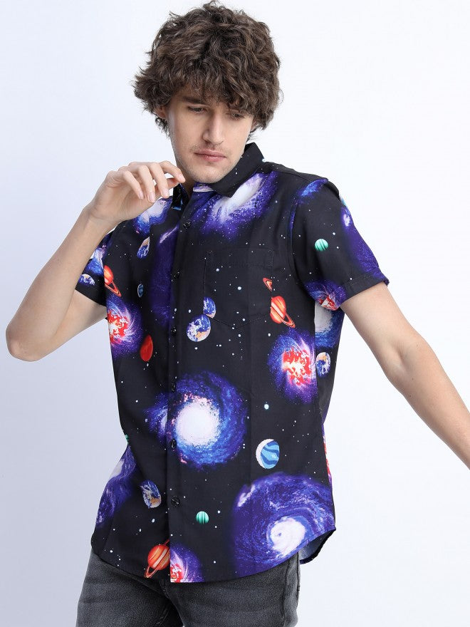 Mens Black Slim Fit Printed Casual Shirt - Black - Image 7