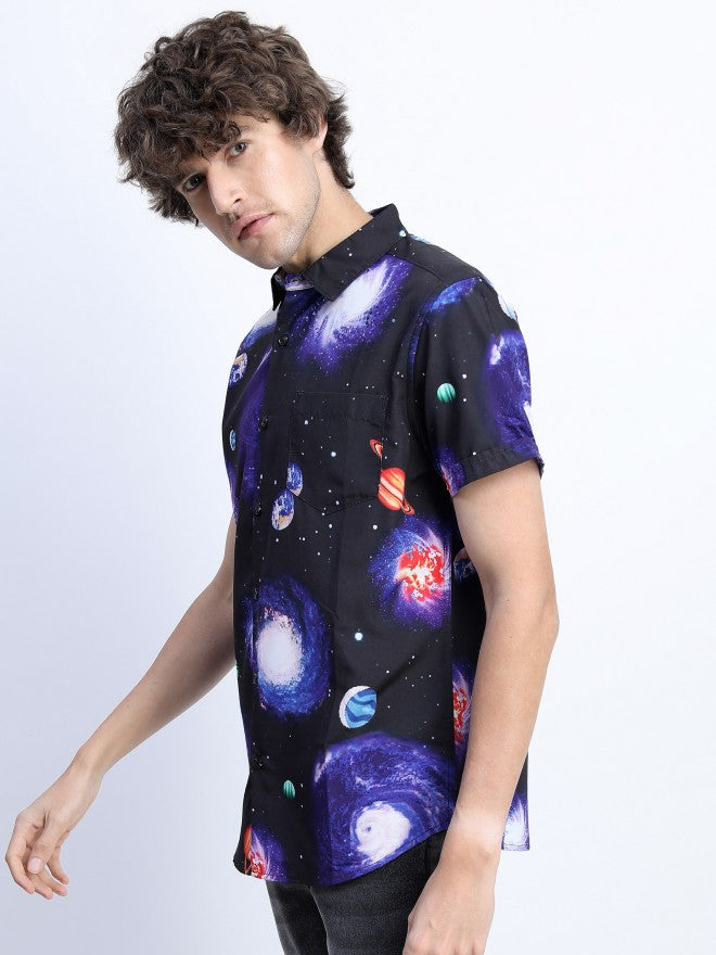 Mens Black Slim Fit Printed Casual Shirt - Black - Image 8