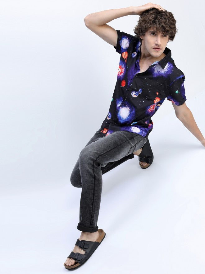 Mens Black Slim Fit Printed Casual Shirt - Black - Image 9