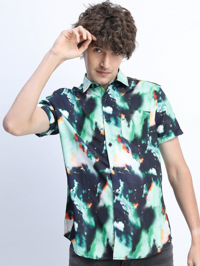 Mens Green/Black Slim Fit Printed Casual Shirt - Green - Image 1