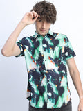 Mens Green/Black Slim Fit Printed Casual Shirt - Green - Image 1
