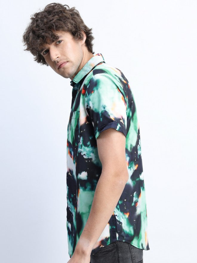 Mens Green/Black Slim Fit Printed Casual Shirt - Green - Image 2