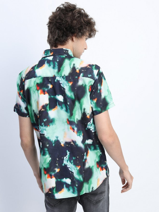 Mens Green/Black Slim Fit Printed Casual Shirt - Green - Image 3