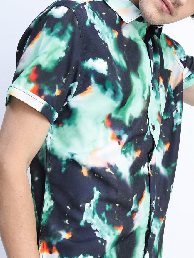 Mens Green/Black Slim Fit Printed Casual Shirt - Green - Image 4