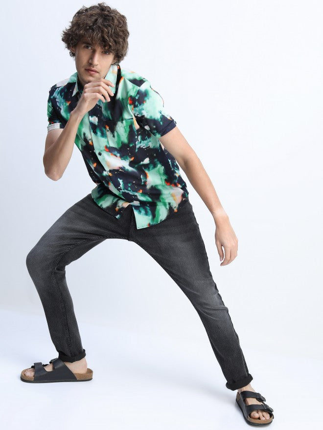 Mens Green/Black Slim Fit Printed Casual Shirt - Green - Image 5