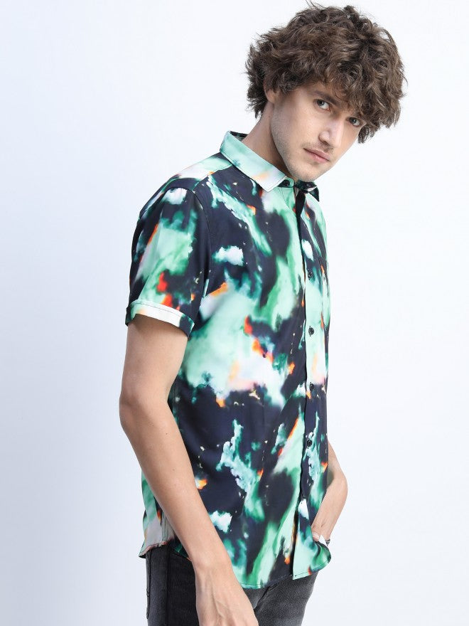Mens Green/Black Slim Fit Printed Casual Shirt - Green - Image 6