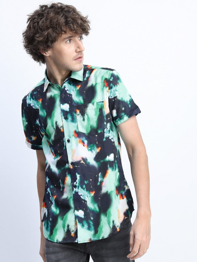 Mens Green/Black Slim Fit Printed Casual Shirt - Green - Image 7