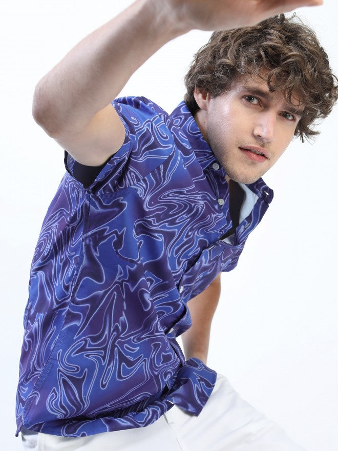 Mens Blue Slim Fit Printed Casual Shirt - Blue - Image 1