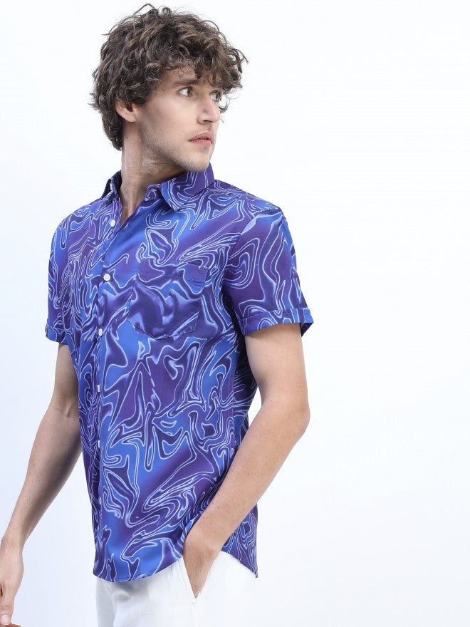 Mens Blue Slim Fit Printed Casual Shirt - Blue - Image 2