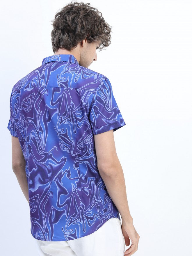 Mens Blue Slim Fit Printed Casual Shirt - Blue - Image 3