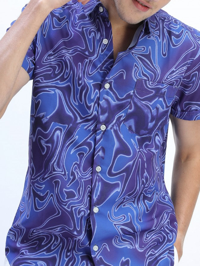 Mens Blue Slim Fit Printed Casual Shirt - Blue - Image 4