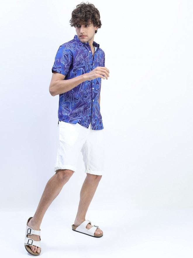 Mens Blue Slim Fit Printed Casual Shirt - Blue - Image 5