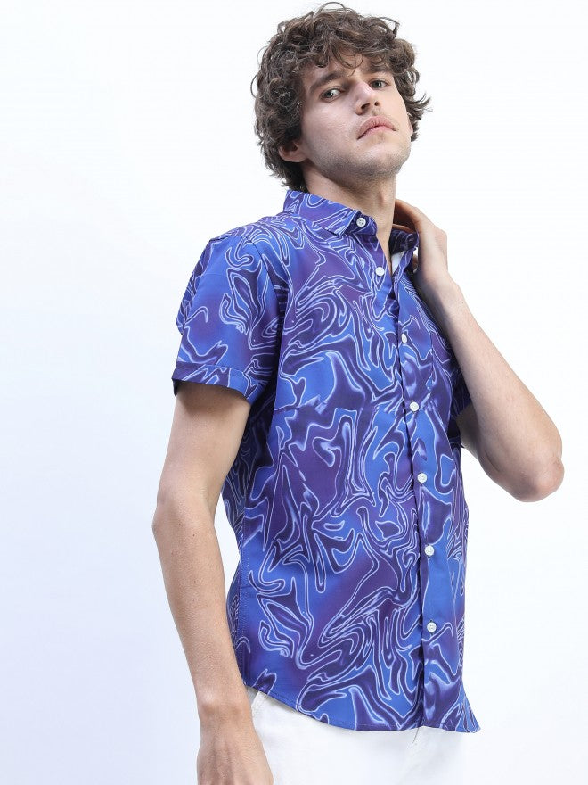 Mens Blue Slim Fit Printed Casual Shirt - Blue - Image 6