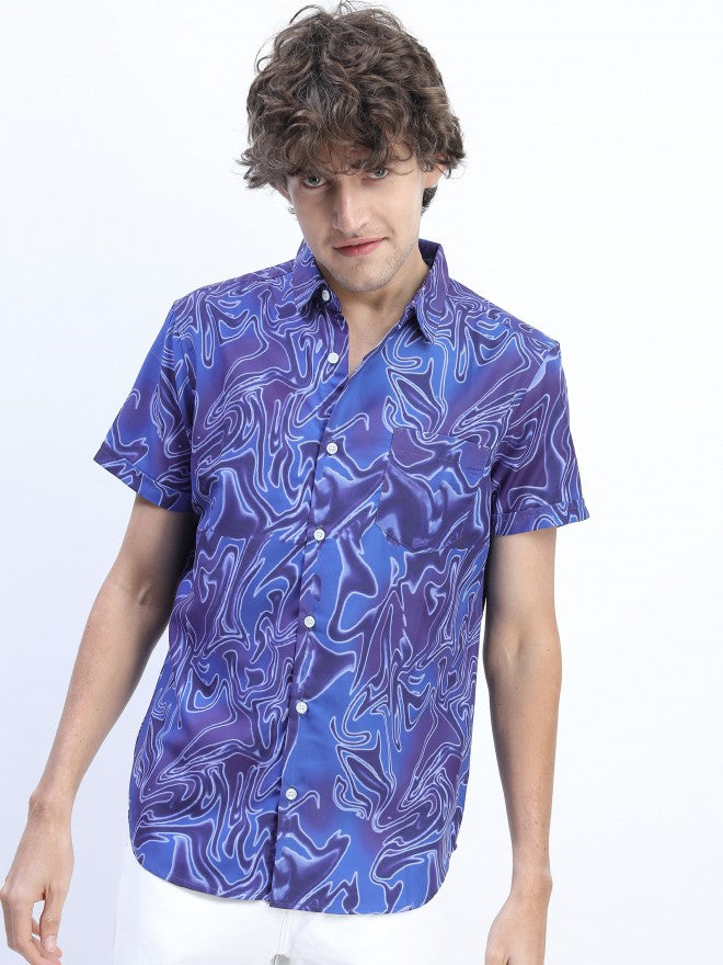 Mens Blue Slim Fit Printed Casual Shirt - Blue - Image 7
