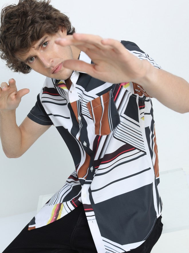 Mens White & Grey Slim Fit Printed Casual Shirt - White - Image 1