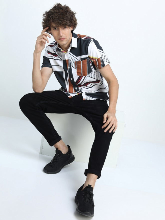 Mens White & Grey Slim Fit Printed Casual Shirt - White - Image 2