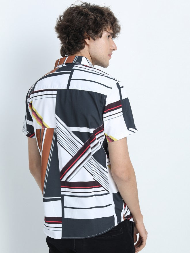 Mens White & Grey Slim Fit Printed Casual Shirt - White - Image 3