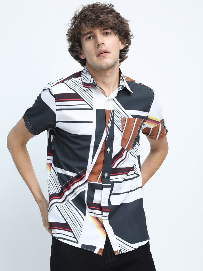 Mens White & Grey Slim Fit Printed Casual Shirt - White - Image 4