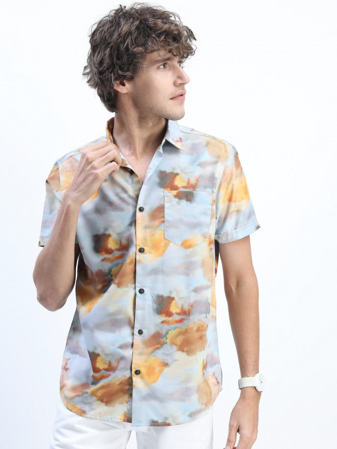 Mens Light Grey Slim Fit Printed Casual Shirt - Grey - Image 1
